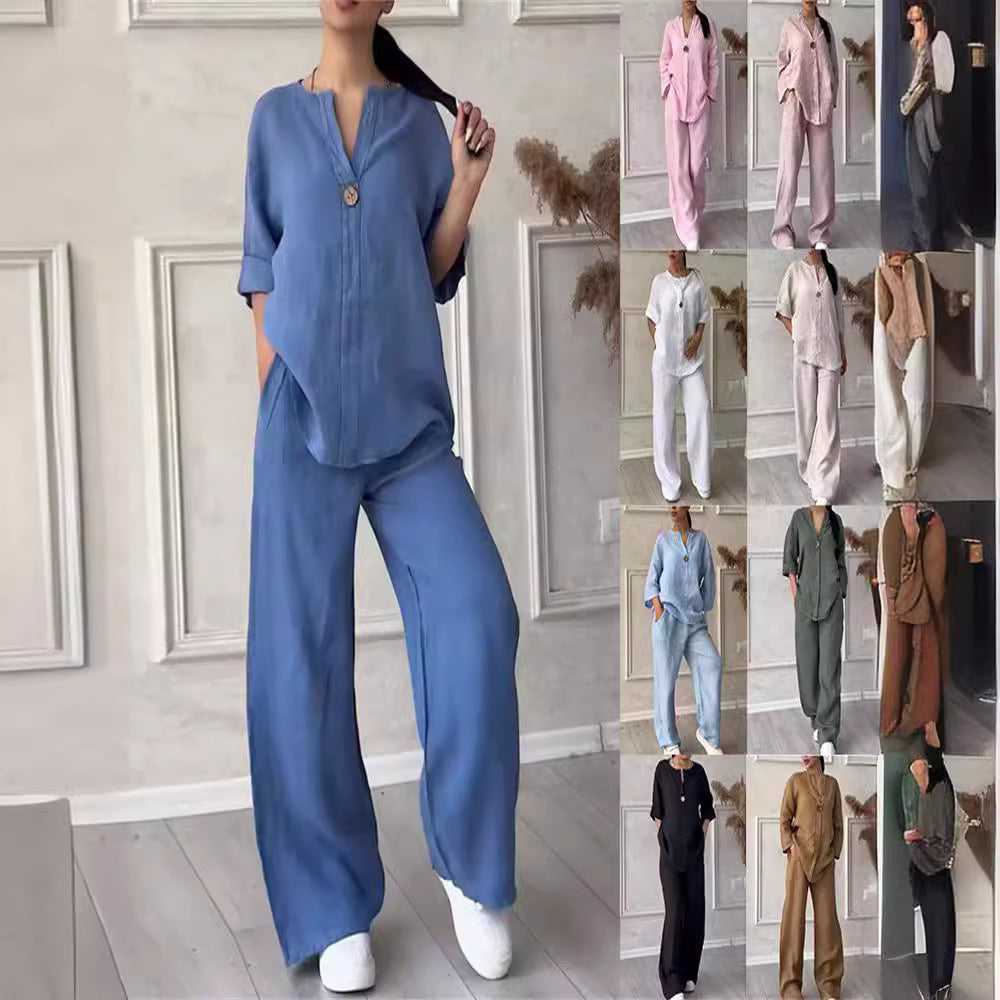 Fashionable Pure Color Cotton Linen Leisure Pants Set