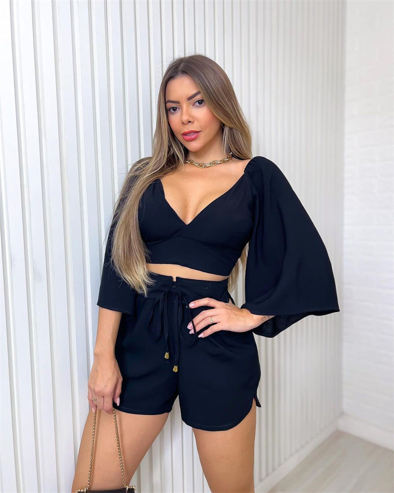 V-neck Halter-back Trumpet Sleeve Shirt High Waist Shorts Stylish Casual Suit