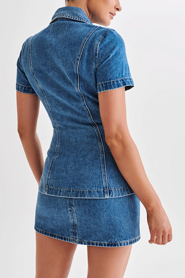 Modern Style Denim Short Sleeve Button High Waist Skirt Suit