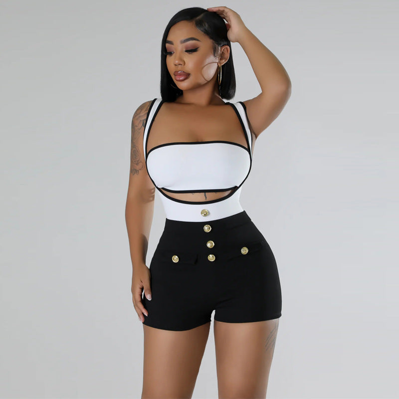 Sexy Colorblock Sleeveless Suspender Stretch Shorts Two-piece Set