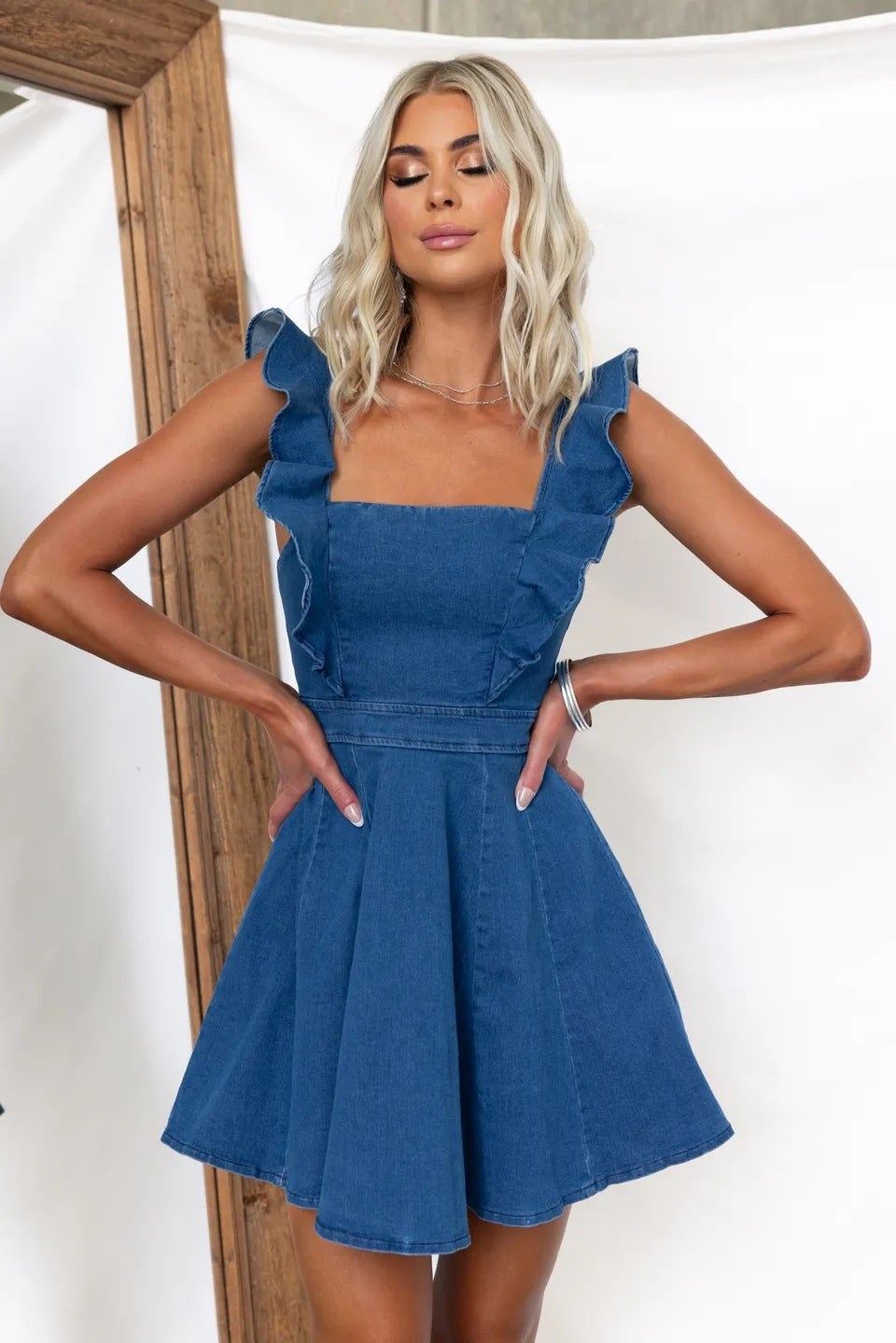 Summer Casual Flying Sleeves Backless Denim Dress