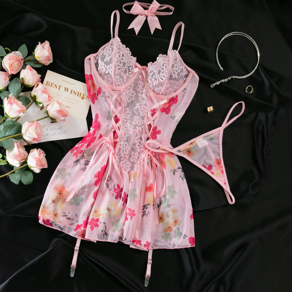 Sexy Lace Floral Mesh Printed Underwire Gathered Bowknot Neck Dress