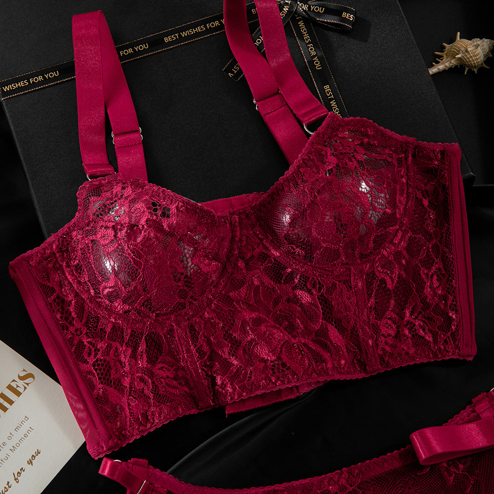 Lace Lace Underwire Gathered Sexy Hot Girl Suspenders Hip Skirt Three Piece Set
