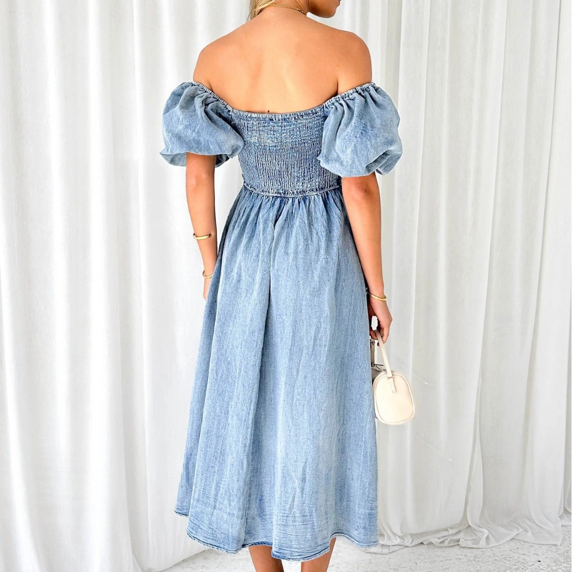 Elegant Puff Sleeve Waisted Long Denim Dress with Elastic Waist