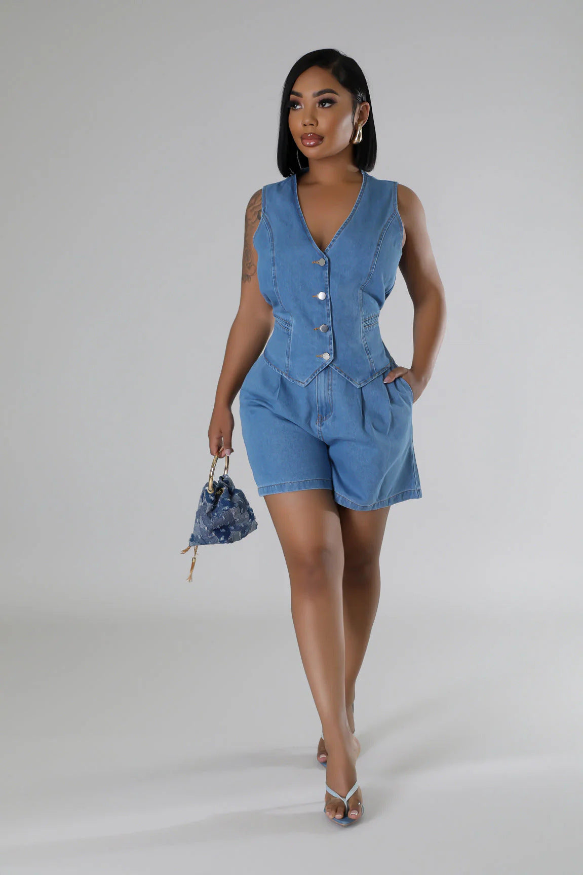 Fashion Casual Sleeveless High Waist Denim Shorts Set