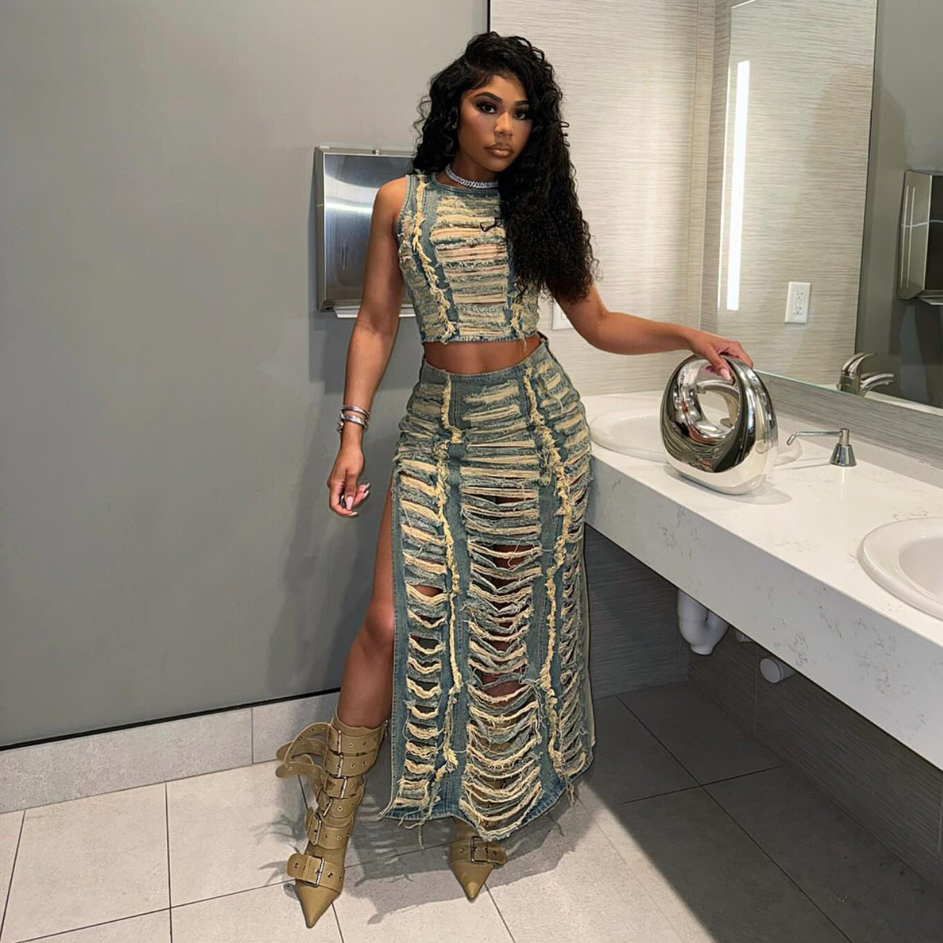 Fashion Personality Hand-distressed Vest High Slit Denim Skirt Suit