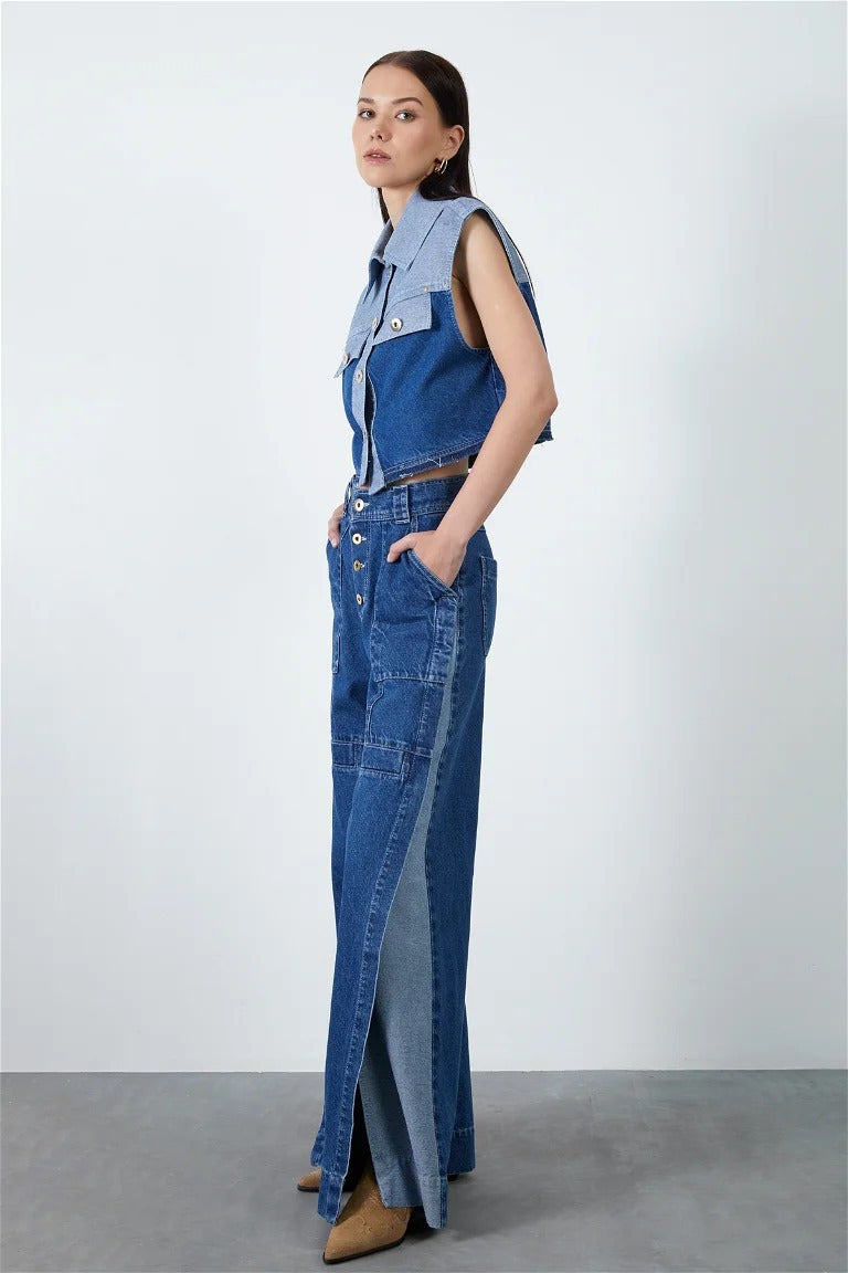 Retro Loose Short Lapel Single-breasted Denim Vest + Jeans