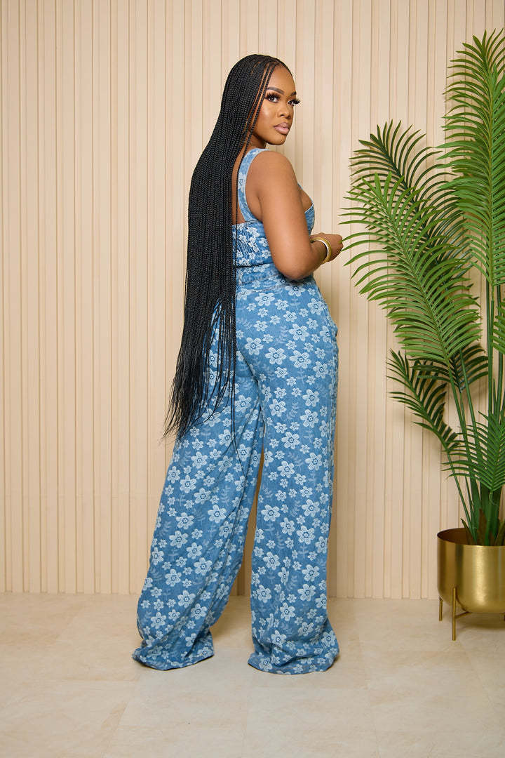 Fashion Denim Jacquard Wrapped Top Wide-leg Pants Suit