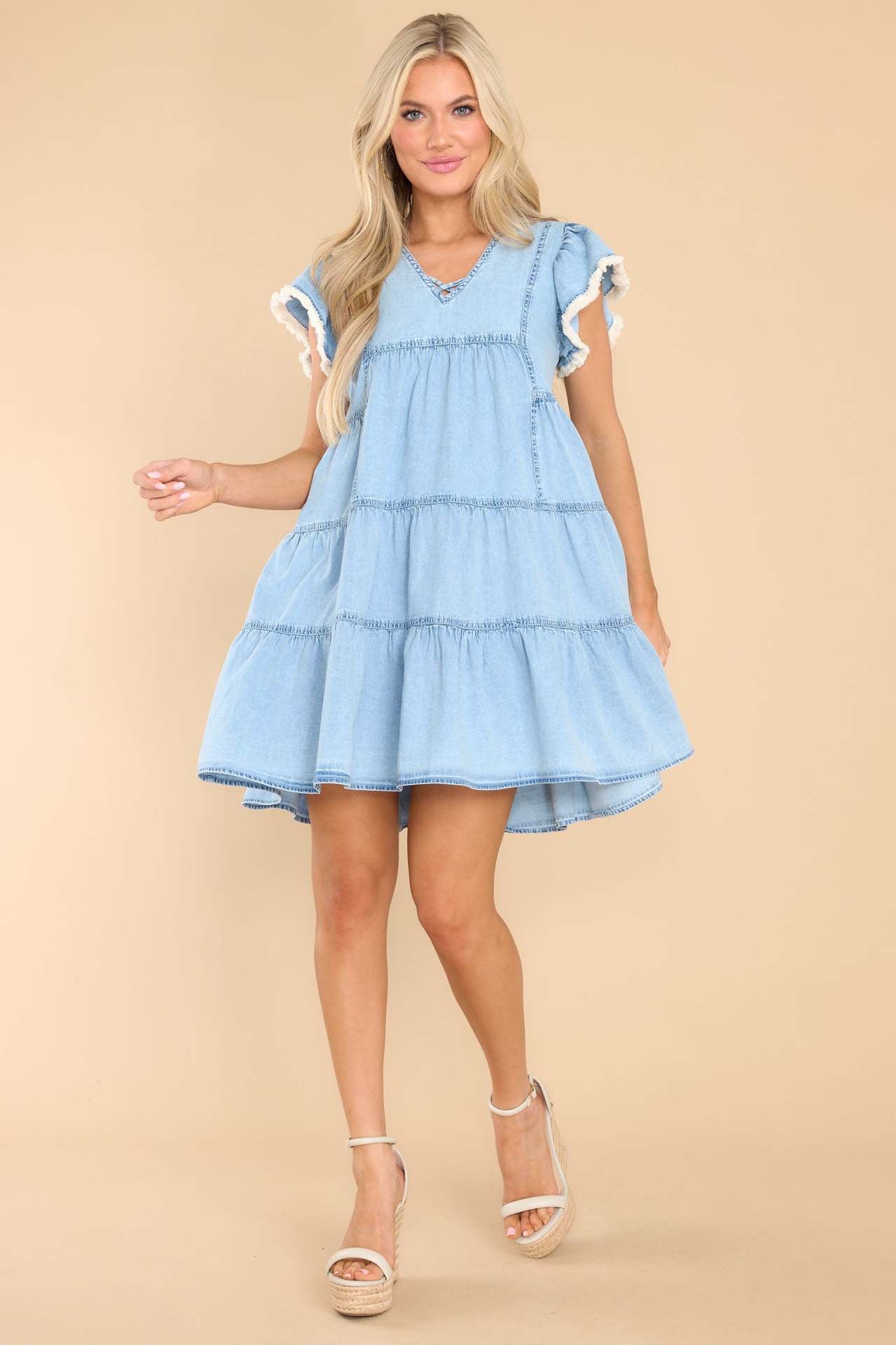 Fashion Loose Ruffle Sleeve Denim Short Sleeve Cake Dress