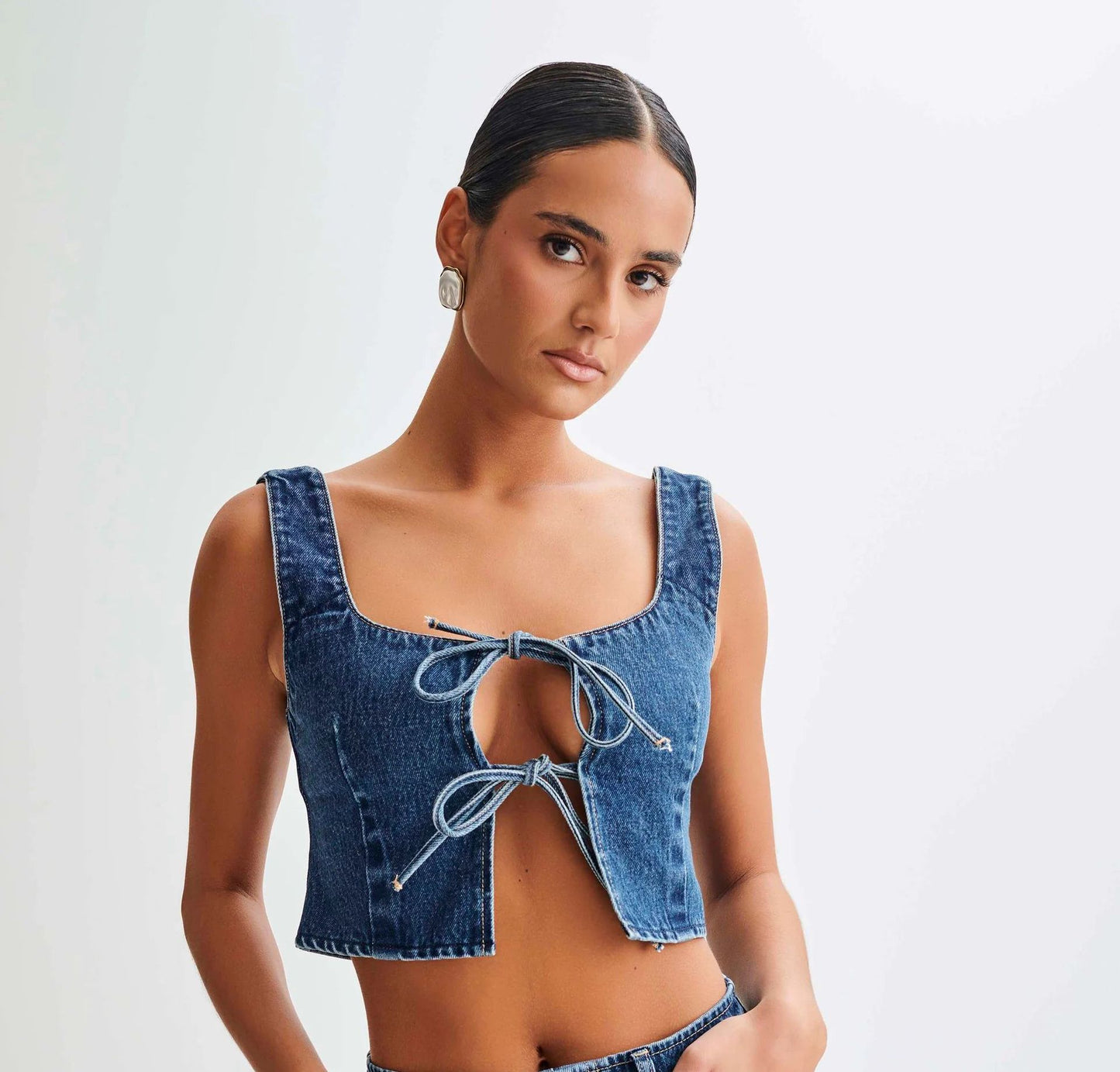 Fashion Personality Sleeveless Drawstring Top Denim Skirt Suit