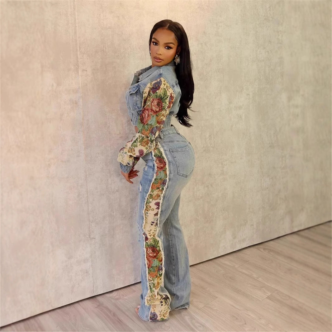 Fashion Printed Colorblock Denim Jacket Jeans Set