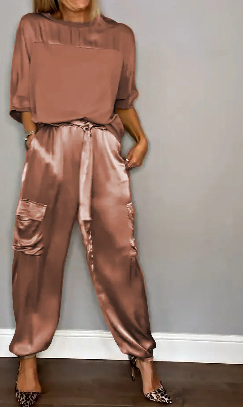 Fashionable Mercerized Satin Short Sleeve Top and Pants Set