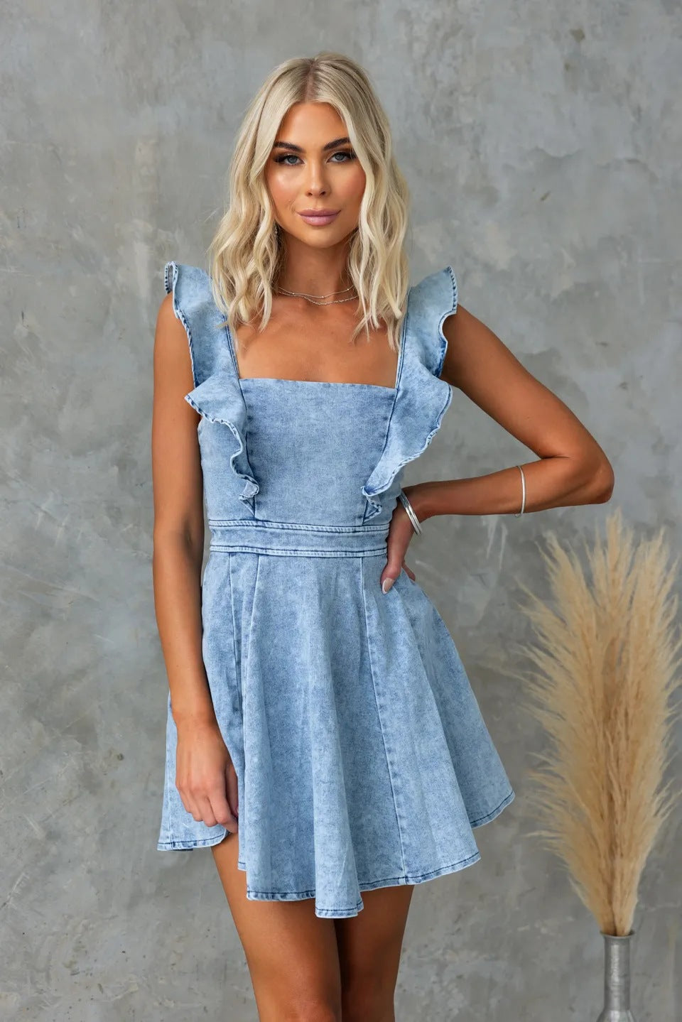 Summer Casual Flying Sleeves Backless Denim Dress