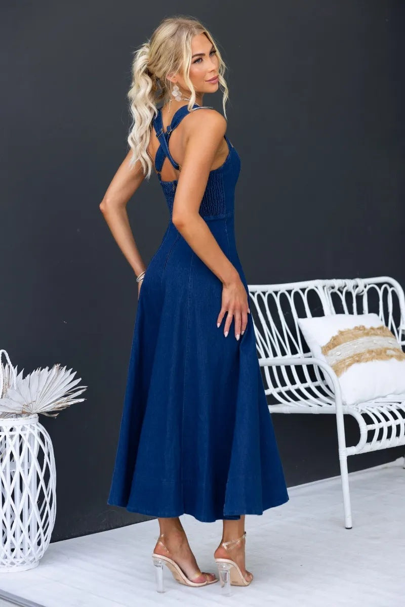 Elegant Solid Color Waist-length Denim Suspender Dress