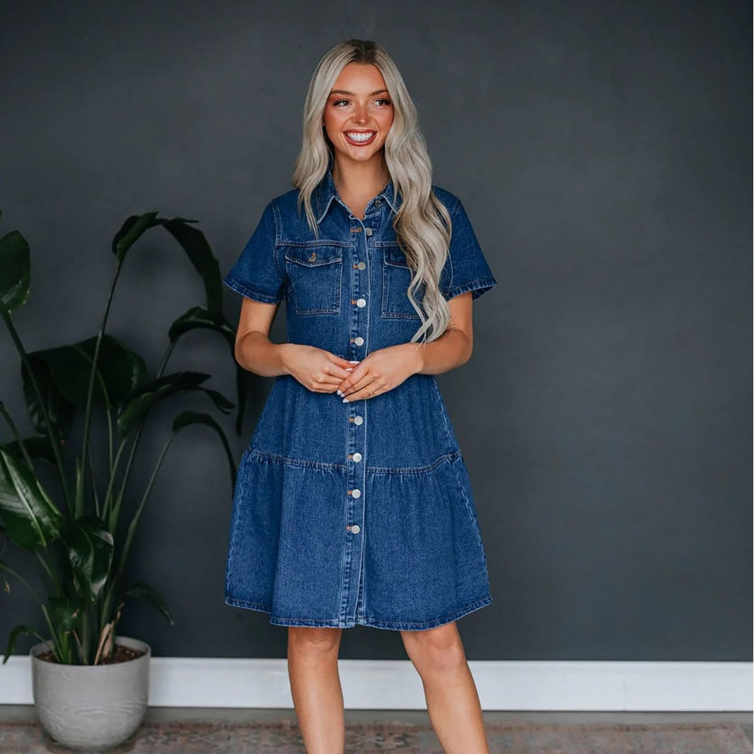 Short-sleeved Lapel Button-down Casual Denim Dress
