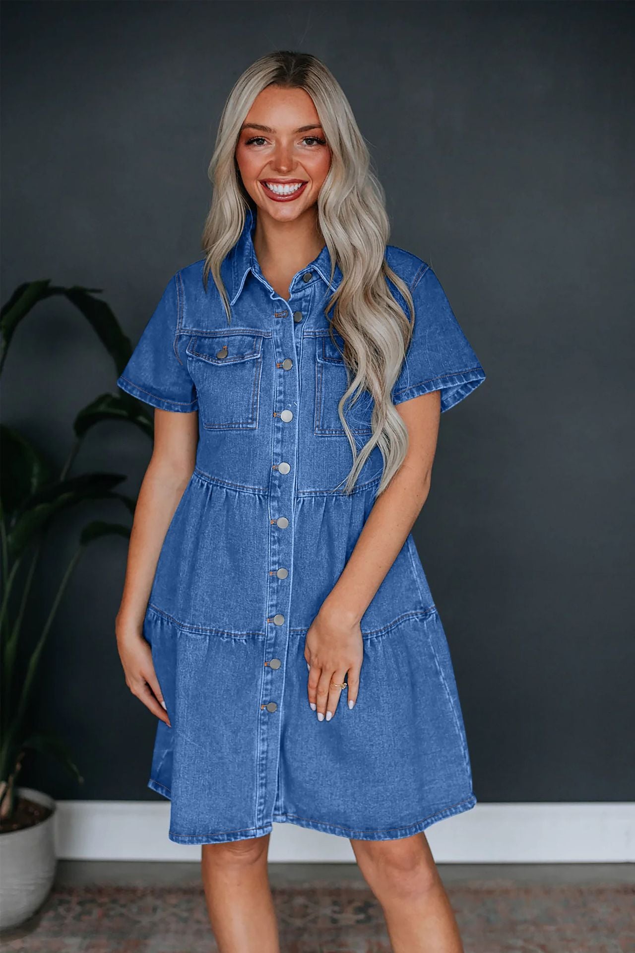 Short-sleeved Lapel Button-down Casual Denim Dress