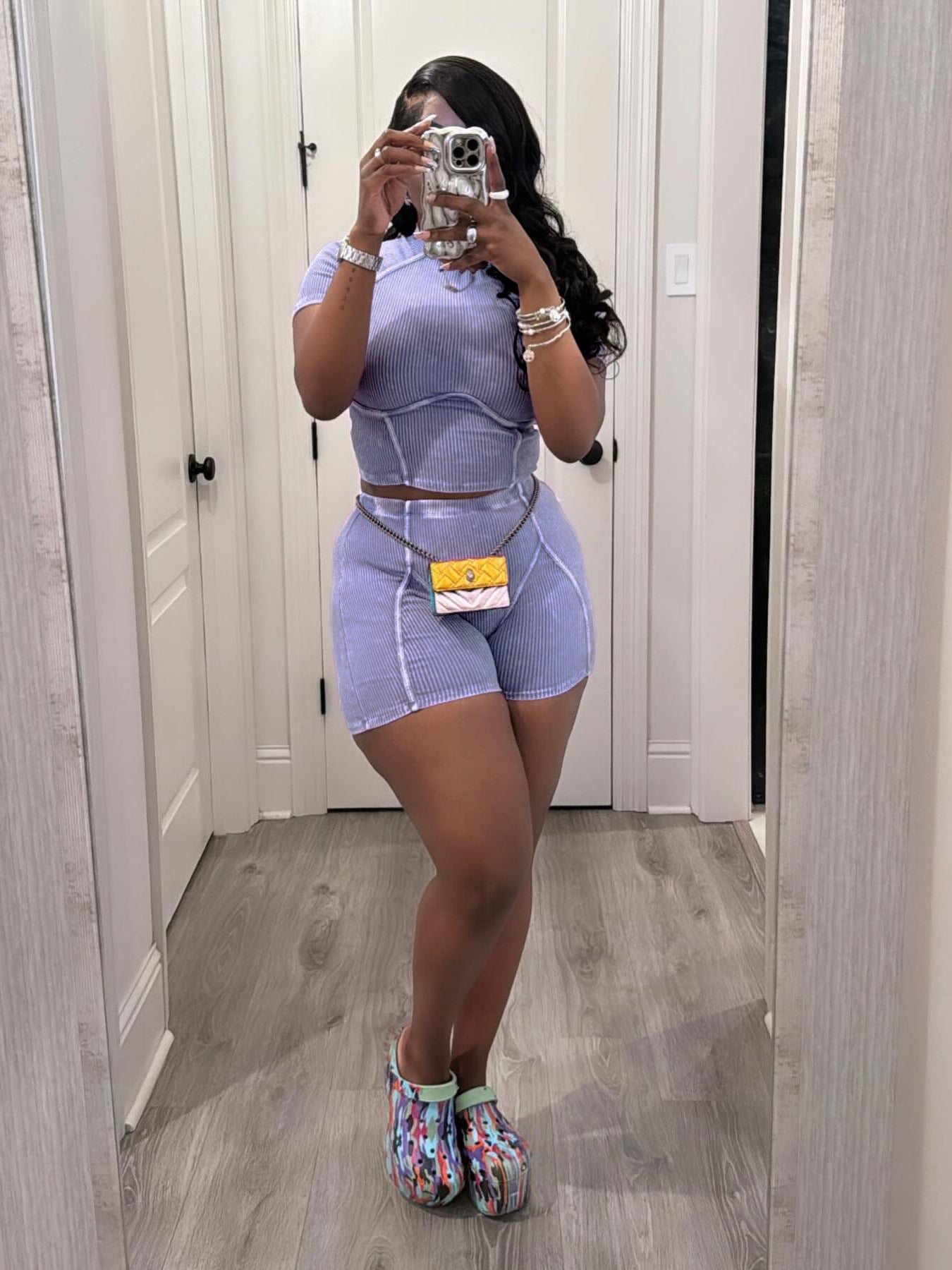Threaded Washed Faded Distressed Short-sleeved Shorts Set