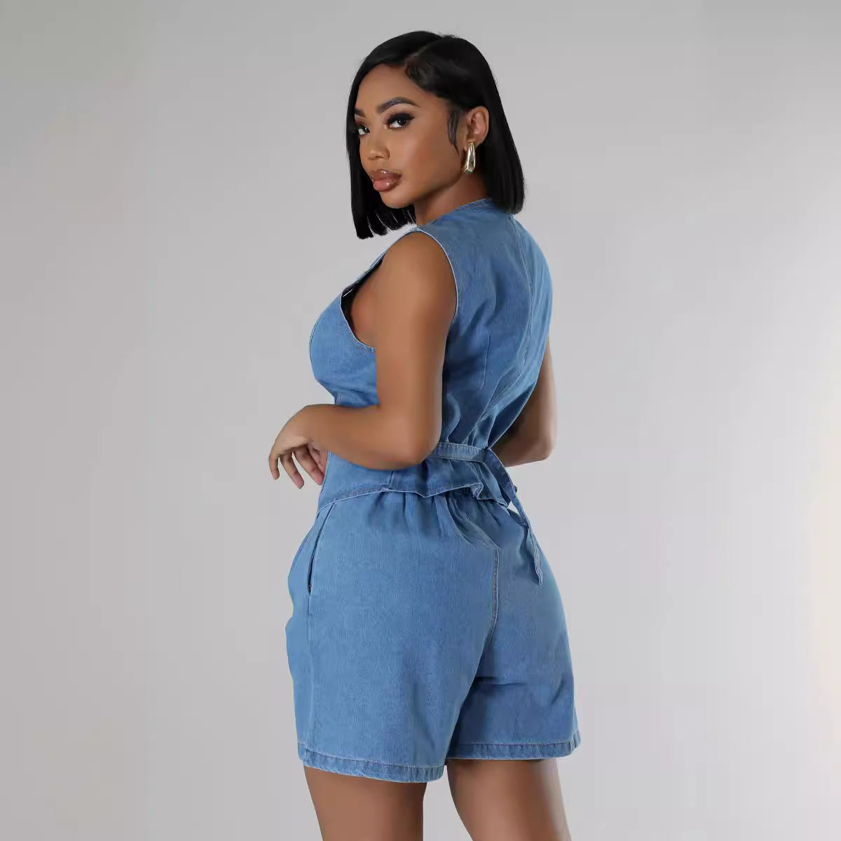 Fashion Casual Sleeveless High Waist Denim Shorts Set
