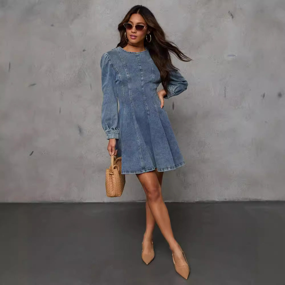 Fashion Casual Patchwork Waist Denim Long Sleeve Dress