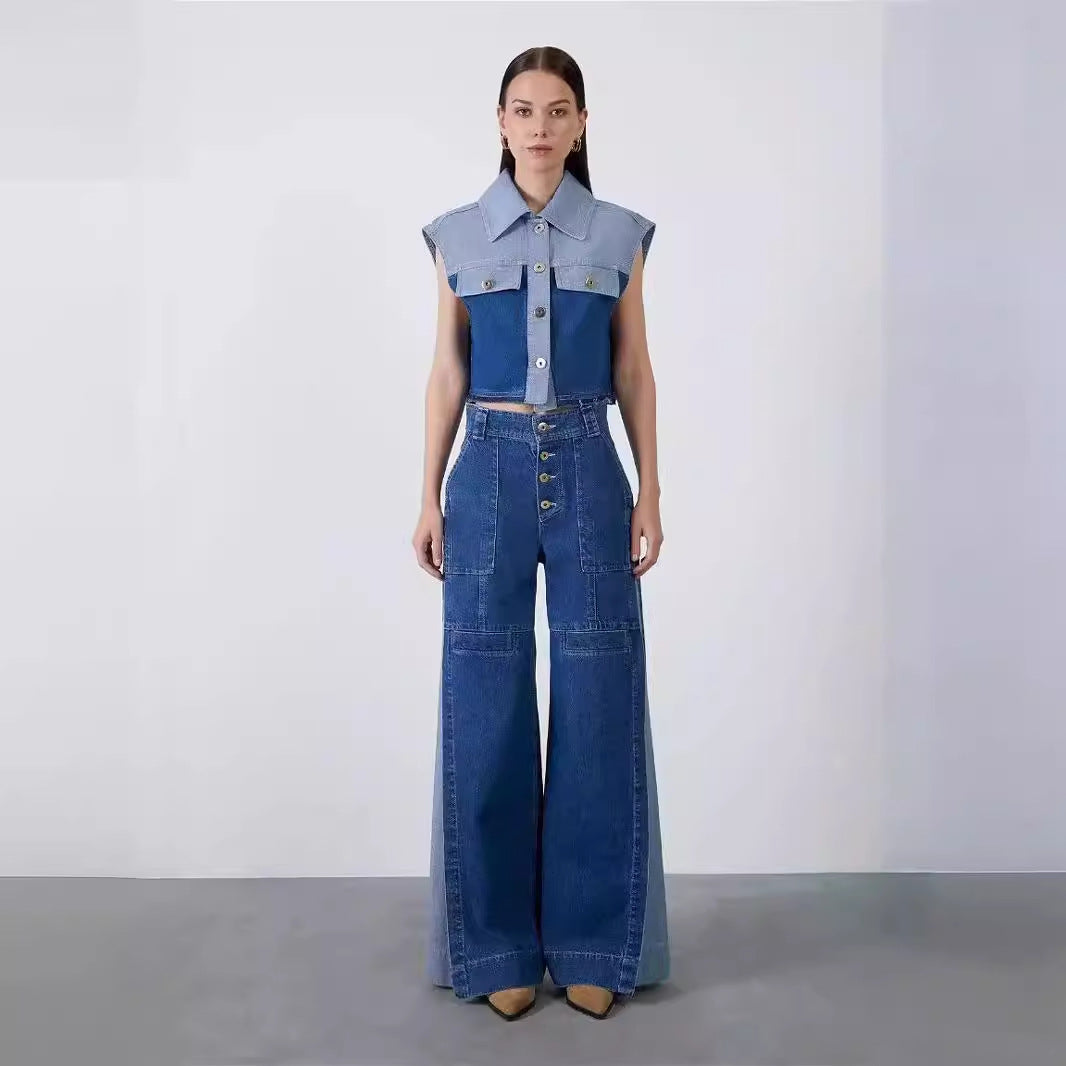 Retro Loose Short Lapel Single-breasted Denim Vest + Jeans