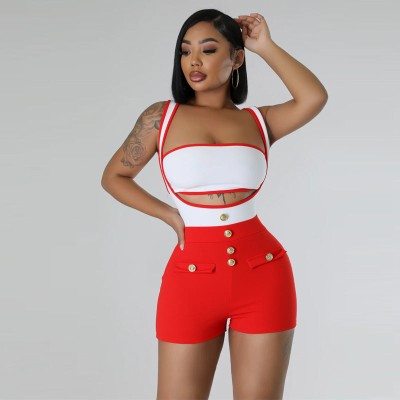 Sexy Colorblock Sleeveless Suspender Stretch Shorts Two-piece Set