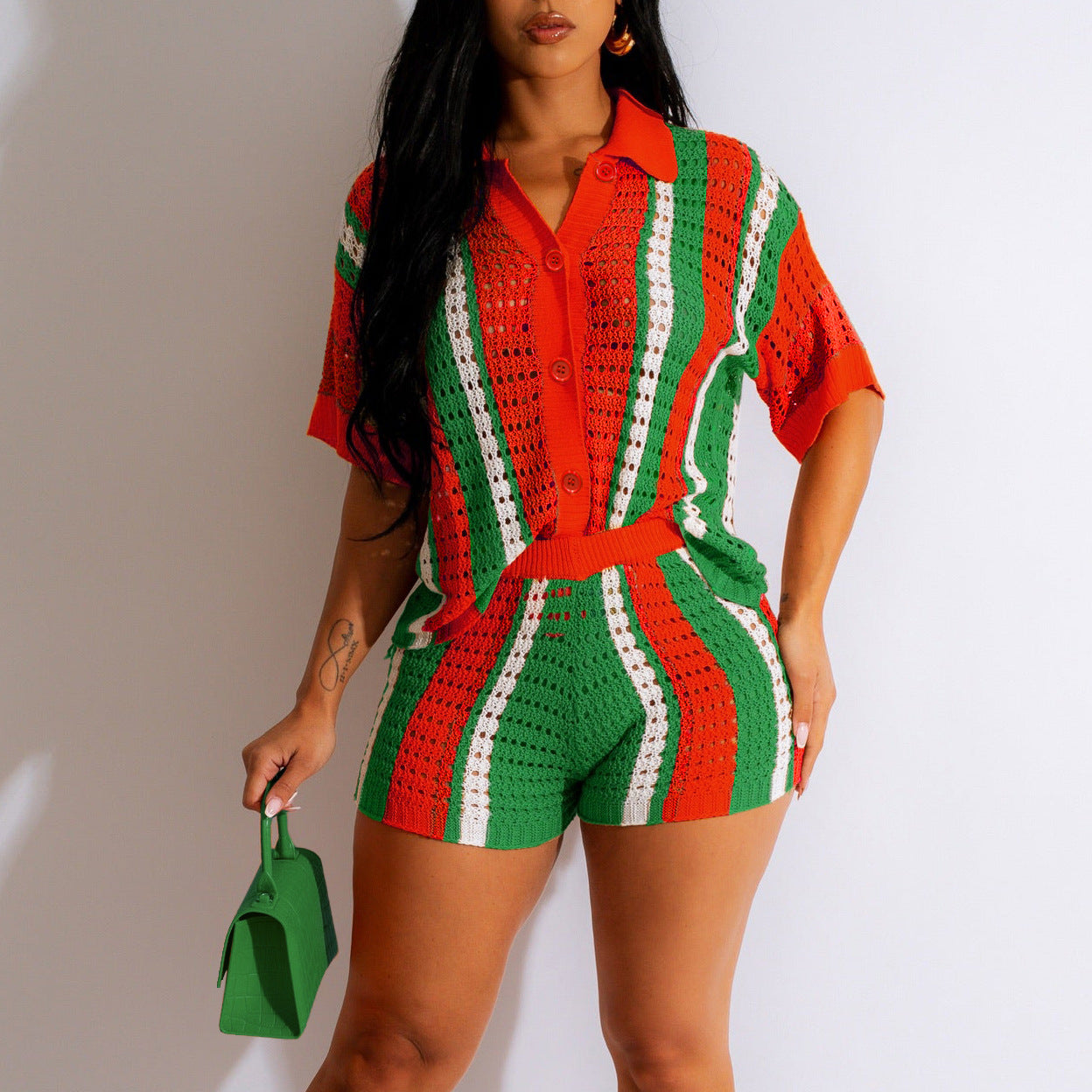 Hollow Transparent Contrast Lapel Knitted Shorts Set