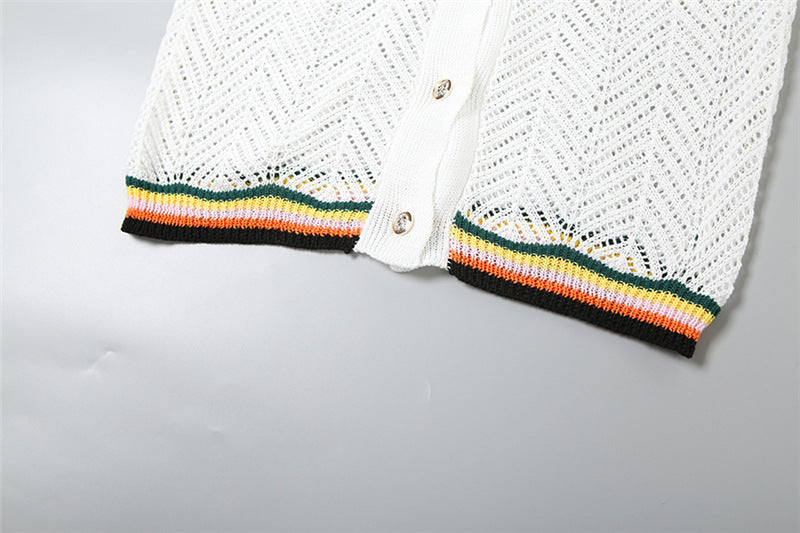 Knitted Hollow Lapel Cardigan High Waist Shorts Casual Suit