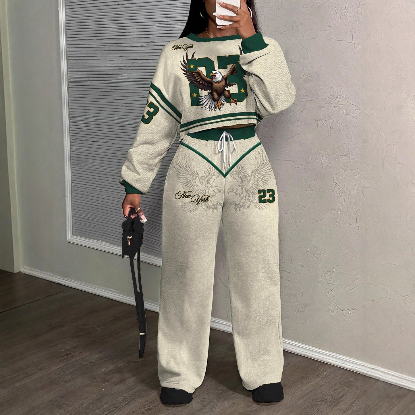 Casual Letter Print Crew Neck Sweatshirt and Pants Set