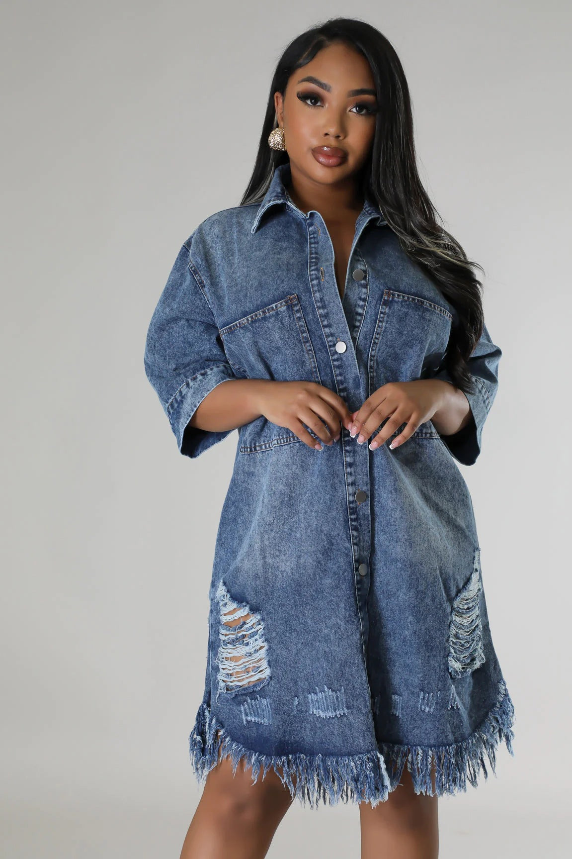 Loose Lapel Short Sleeve Ripped Washed Denim Dress