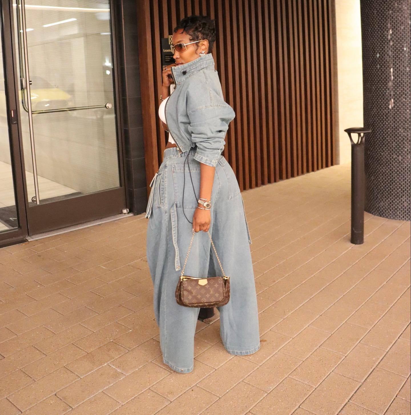 Fashion Retro Wide Leg Loose Heavy Denim Two-piece Suit