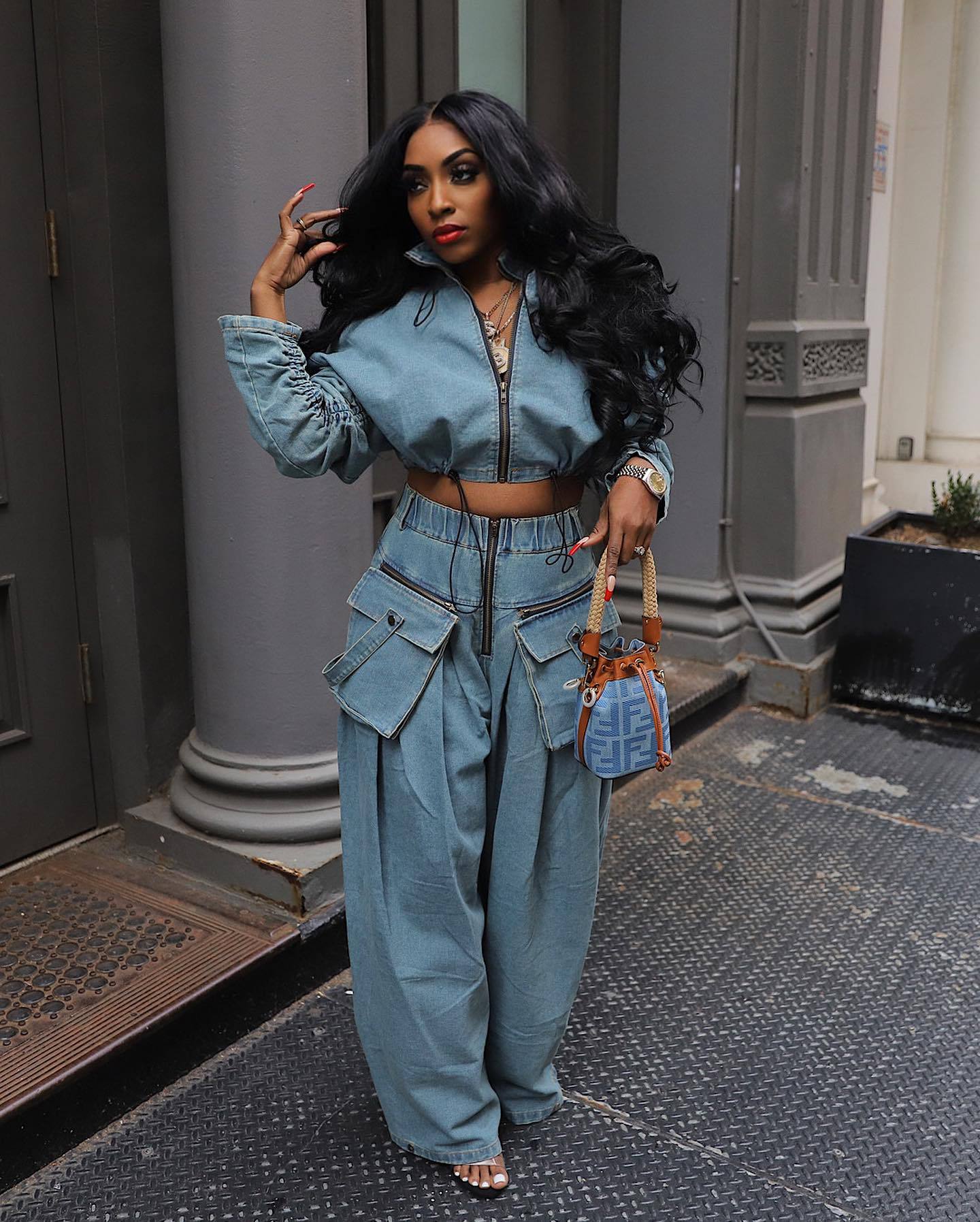 Fashion Retro Wide Leg Loose Heavy Denim Two-piece Suit