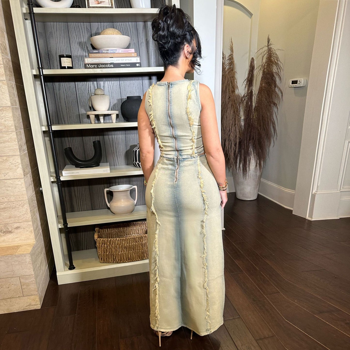 Fashion Personality Hand-distressed Vest High Slit Denim Skirt Suit