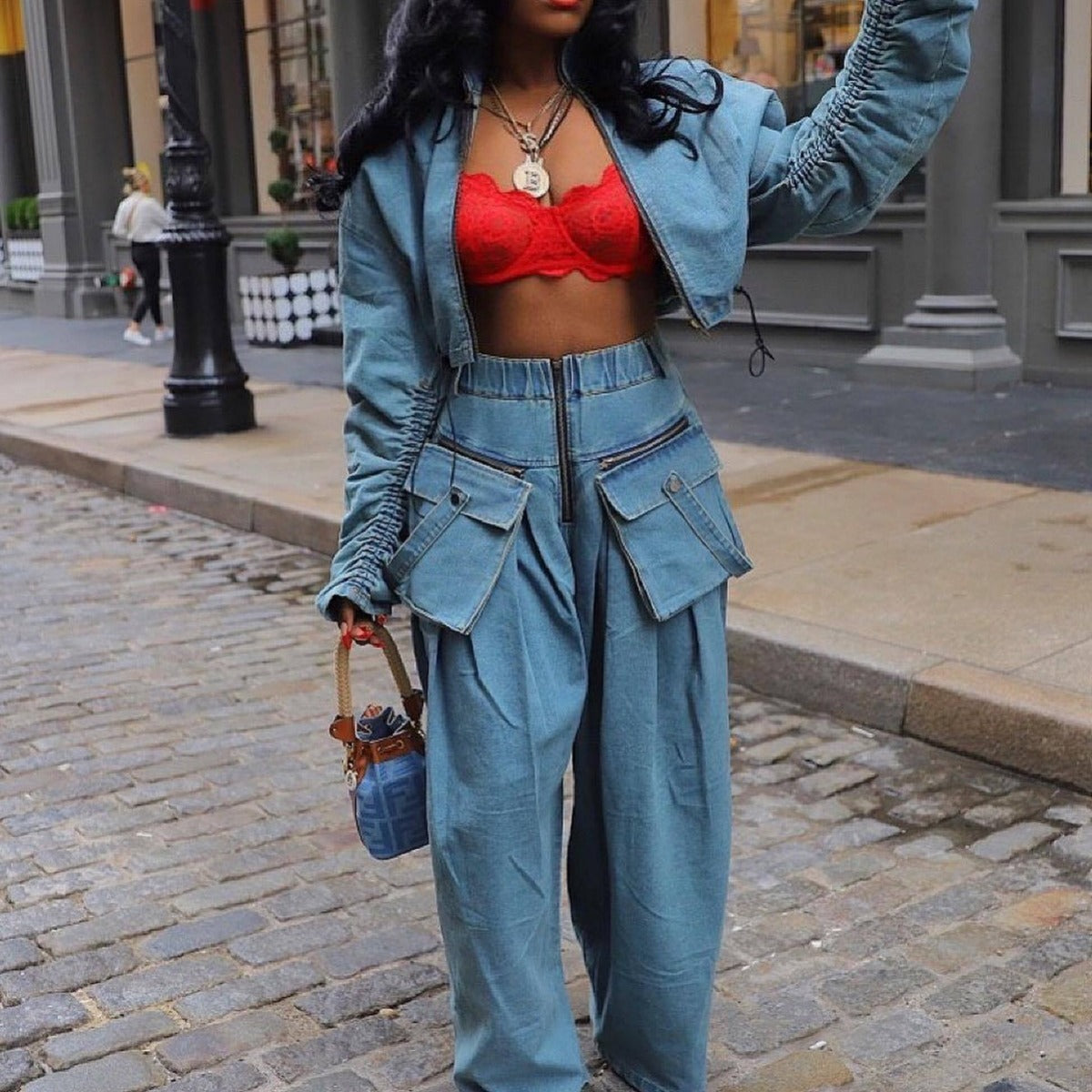 Fashion Retro Wide Leg Loose Heavy Denim Two-piece Suit