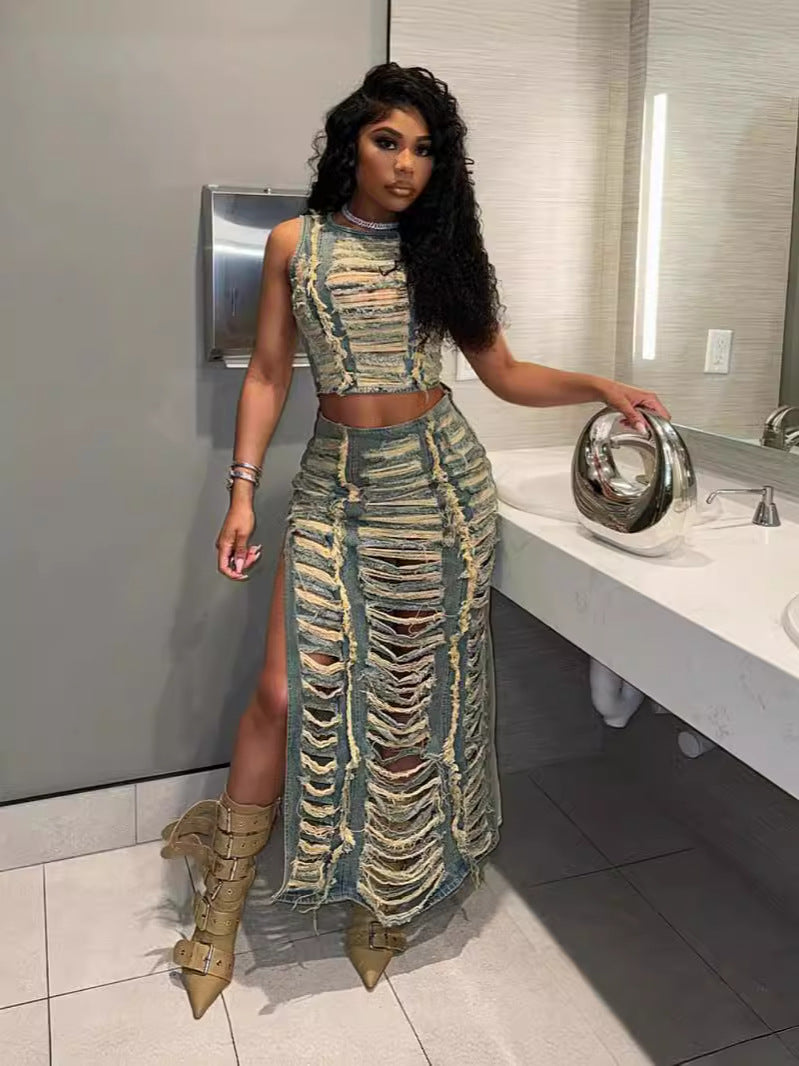 Fashion Personality Hand-distressed Vest High Slit Denim Skirt Suit