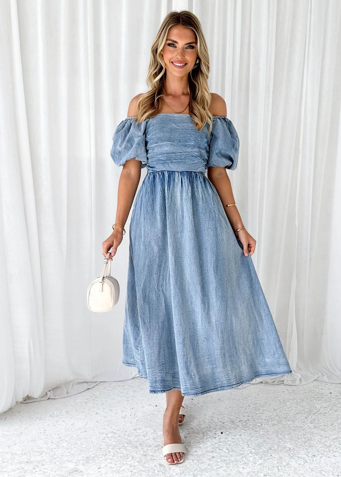 Elegant Puff Sleeve Waisted Long Denim Dress with Elastic Waist