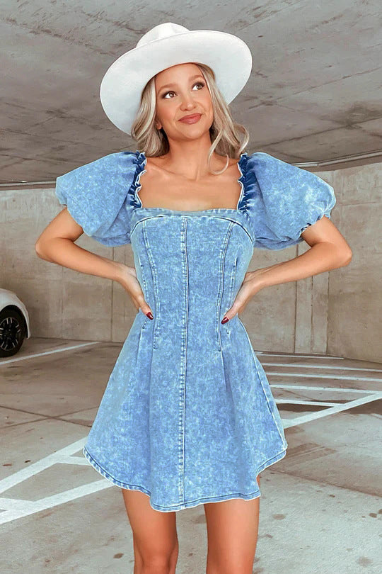 Fashionable and Sexy Slim Fit Puff Sleeve Backless Denim Dress