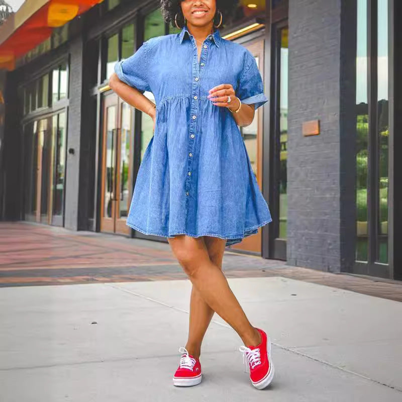 Short-sleeved Lapel Single-breasted Multi-button Casual Denim Dress