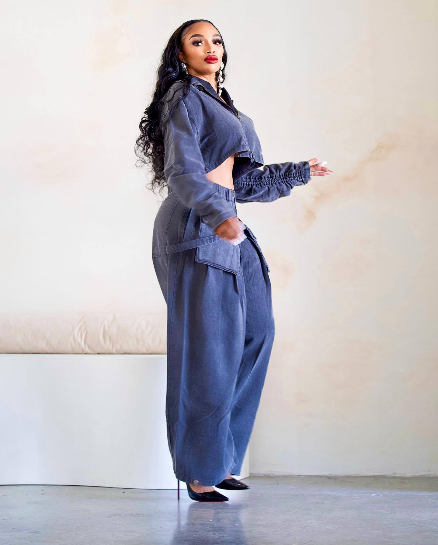 Fashion Retro Wide Leg Loose Heavy Denim Two-piece Suit