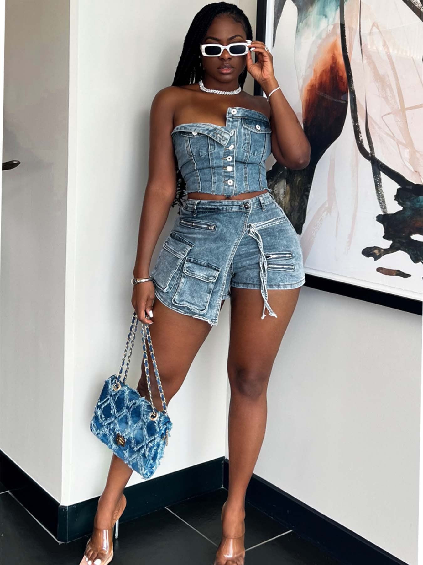 Fashionable Chest-wrapped Cargo Shorts Denim Suit