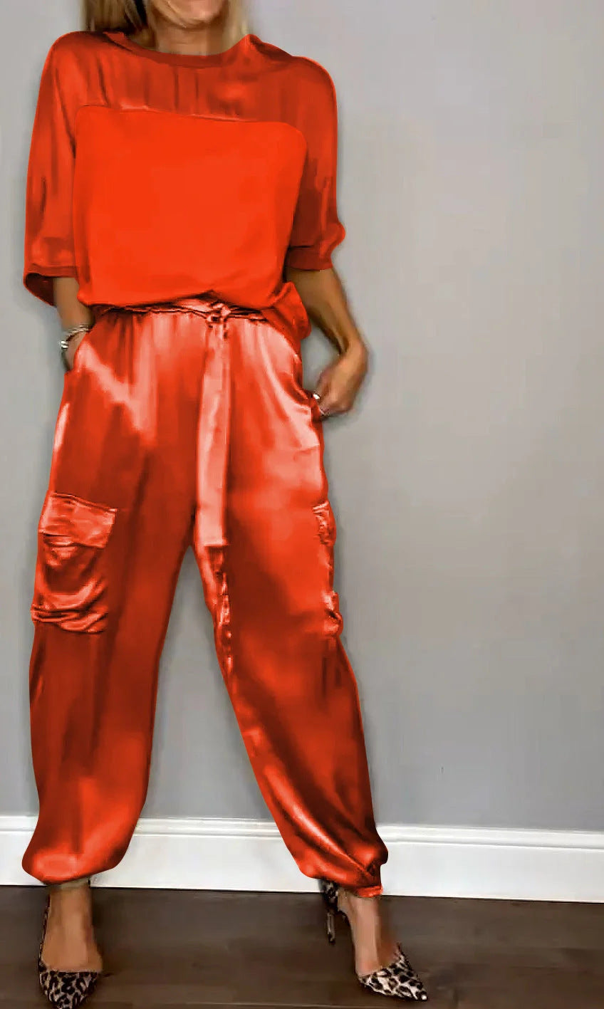 Fashionable Mercerized Satin Short Sleeve Top and Pants Set