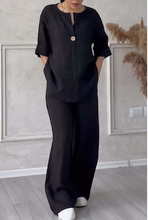 Fashionable Pure Color Cotton Linen Leisure Pants Set