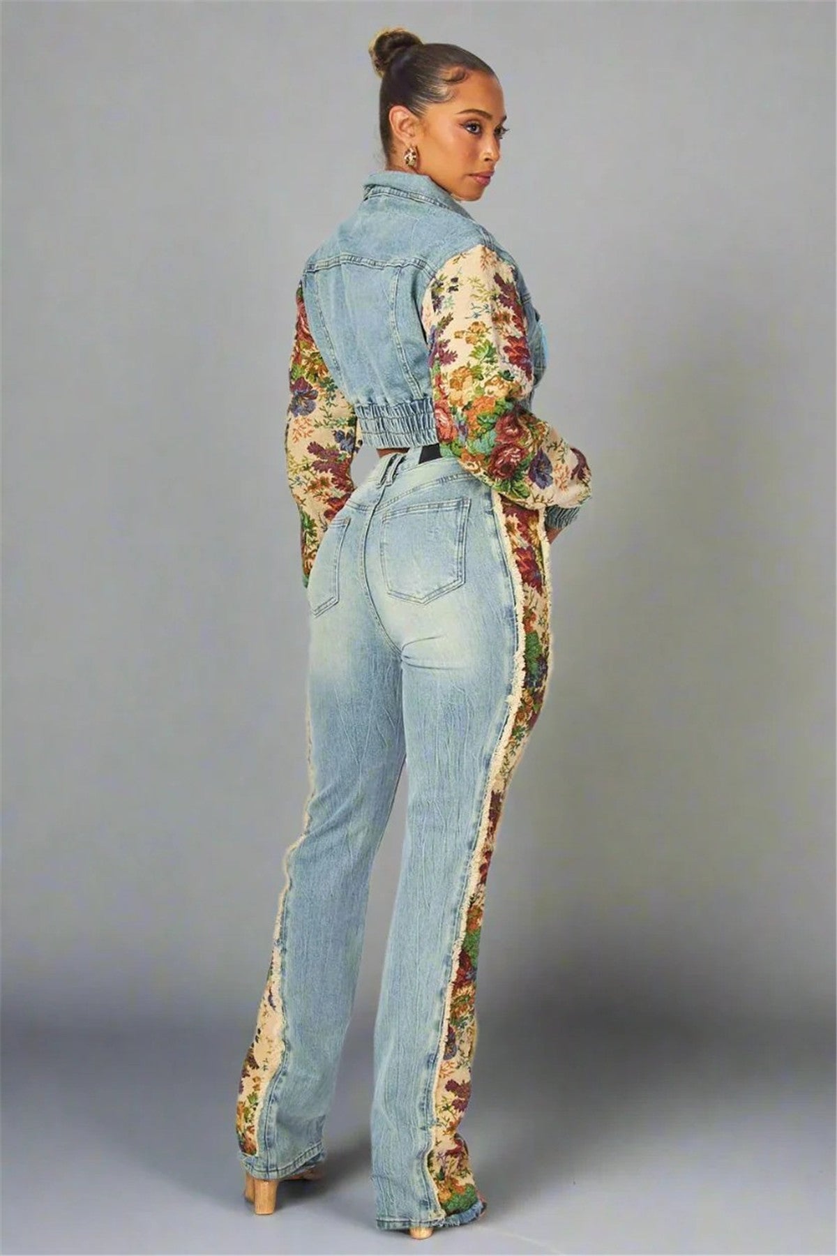Fashion Printed Colorblock Denim Jacket Jeans Set