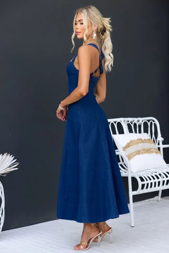 Elegant Solid Color Waist-length Denim Suspender Dress