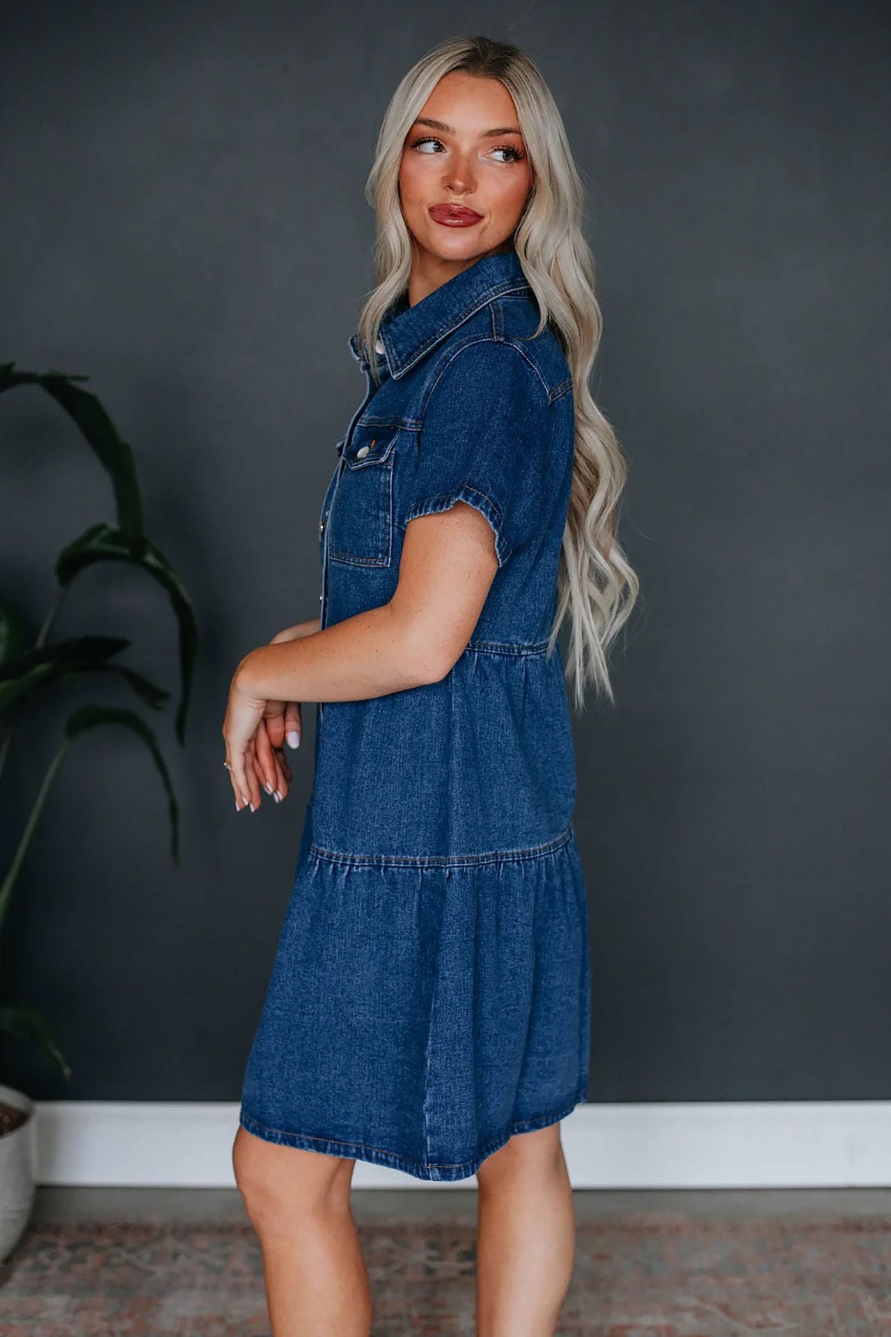 Short-sleeved Lapel Button-down Casual Denim Dress