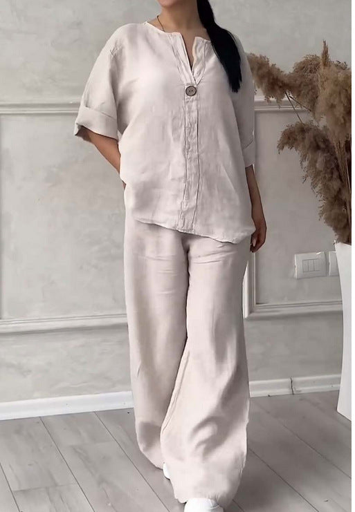 Fashionable Pure Color Cotton Linen Leisure Pants Set