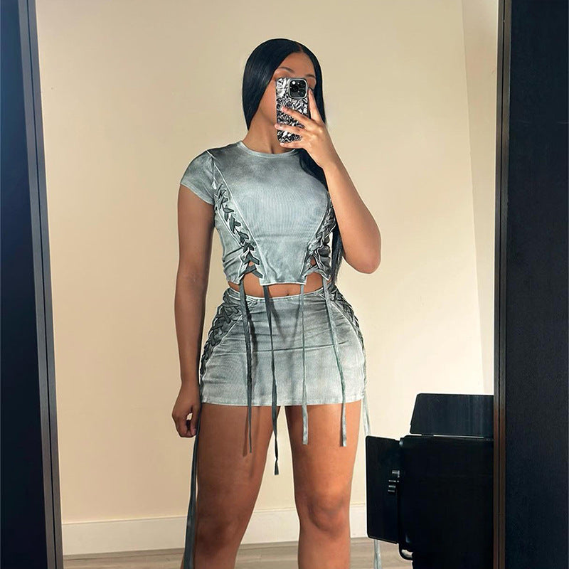 Fashion Casual Drawstring Pleated Gradient Color High Waist Slim Short Skirt Suit