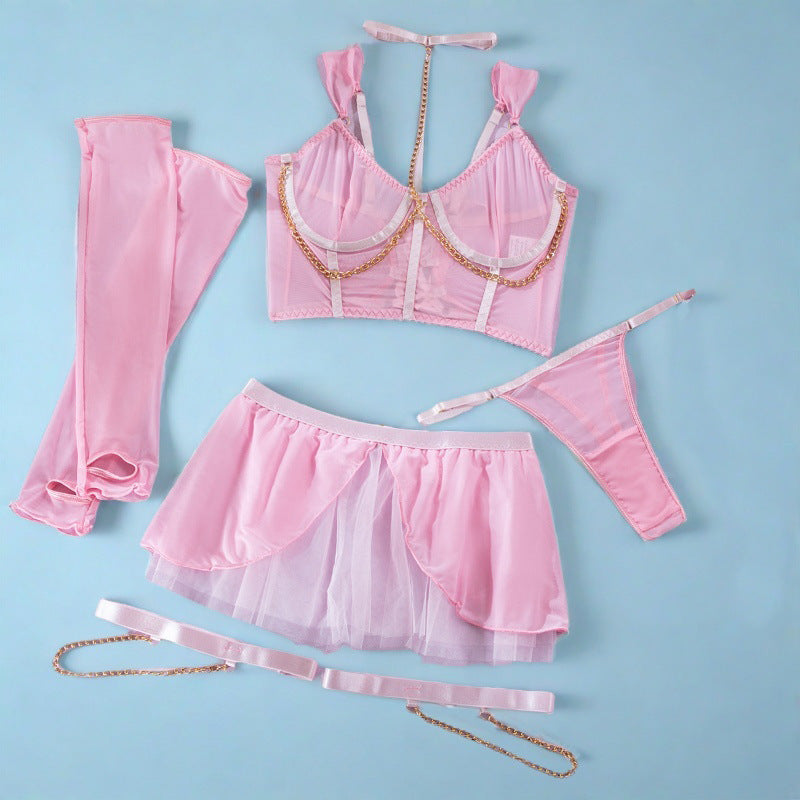 Sexy Pink Waist-bound Transparent Mesh Underwire Gathered One-piece Dress