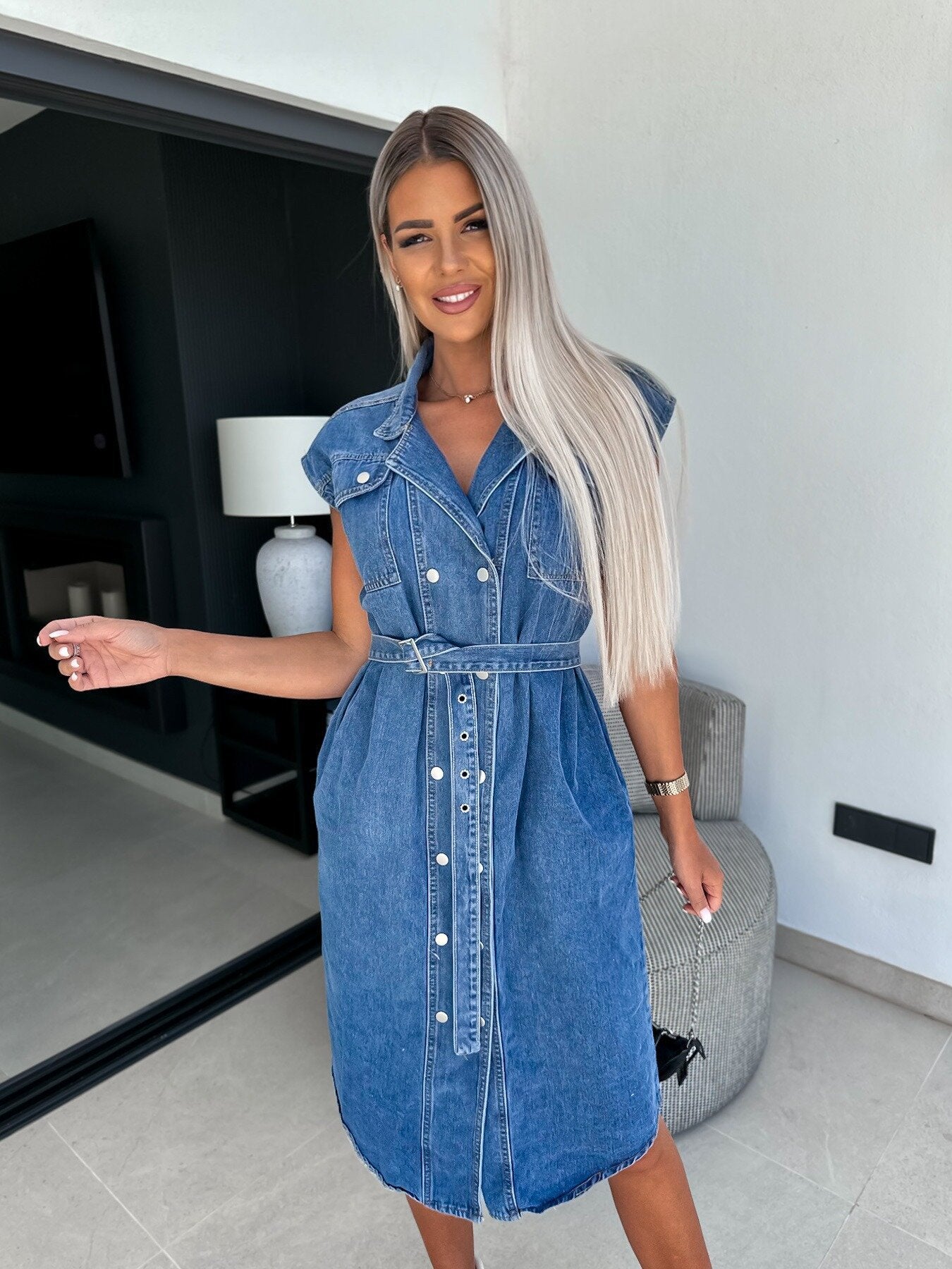 Casual Lapel Sleeveless Buttoned Open-Cheek Waist Tie Denim Dress