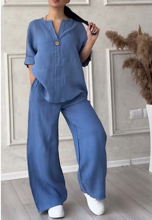 Fashionable Pure Color Cotton Linen Leisure Pants Set