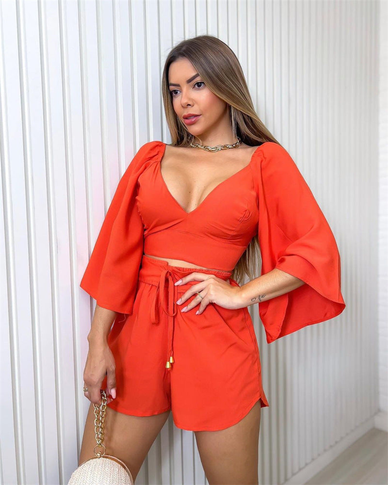 V-neck Halter-back Trumpet Sleeve Shirt High Waist Shorts Stylish Casual Suit